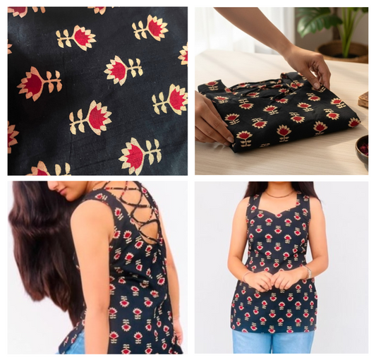 Black & Red Floral Sleeveless Short Kurti
