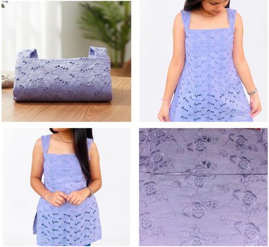 Lavender Hakoba Cotton Sleeveless Short Kurti
