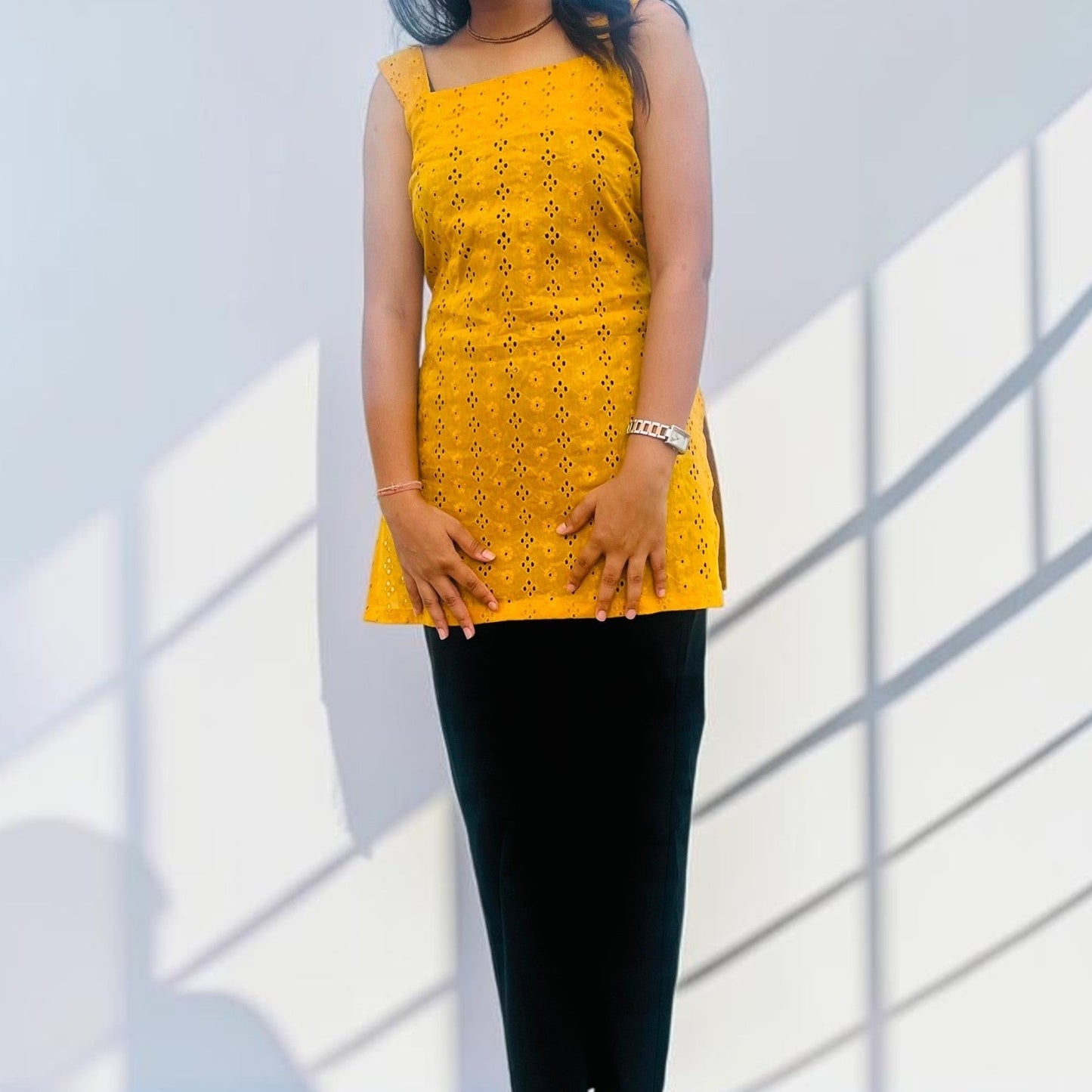 Mustard Yellow Hakoba Cotton Sleeveless Short Kurti