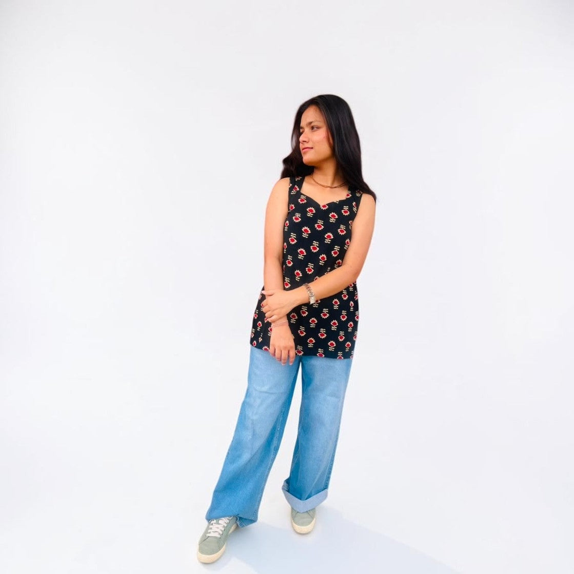 Black & Red Floral Sleeveless Short Kurti