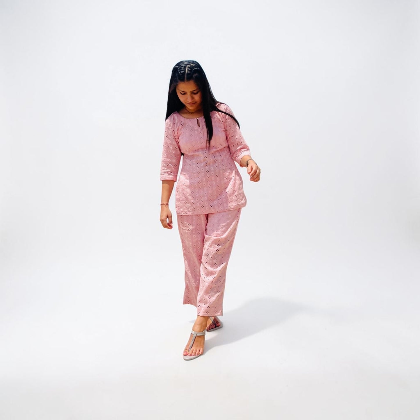 Schiffli Cotton Co-ord Set - Powder Pink
