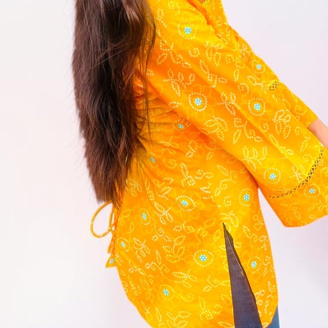 Vibrant Yellow Bandhani Printed Cotton Short Kurti