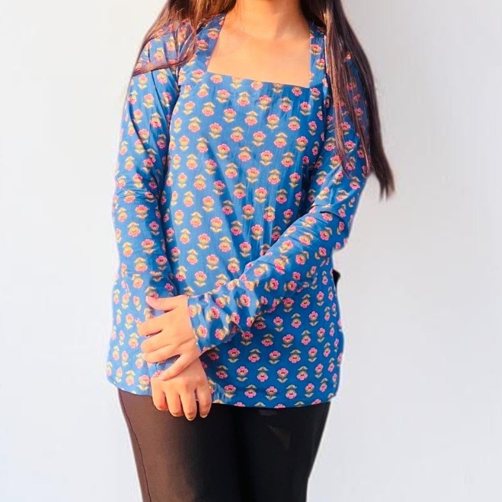 Indigo Blue Dori-Back Cotton Short Kurti