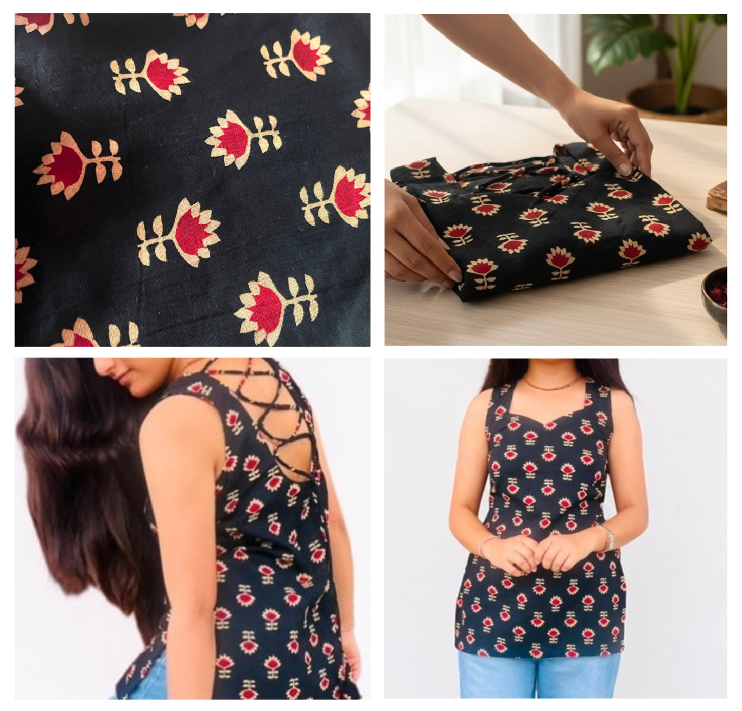 Black & Red Floral Sleeveless Short Kurti