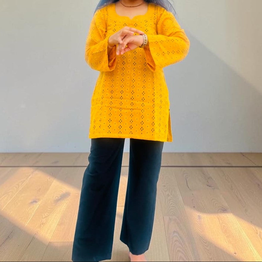 Vibrant Mustard Yellow Hakoba Short Kurti - Pure Cotton Elegance