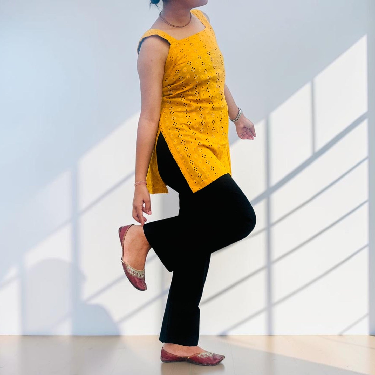Mustard Yellow Hakoba Cotton Sleeveless Short Kurti