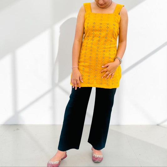 Mustard Yellow Hakoba Cotton Sleeveless Short Kurti