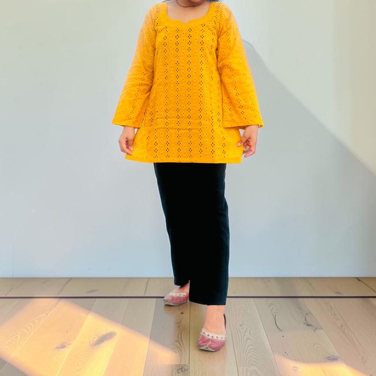 Vibrant Mustard Yellow Hakoba Short Kurti - Pure Cotton Elegance
