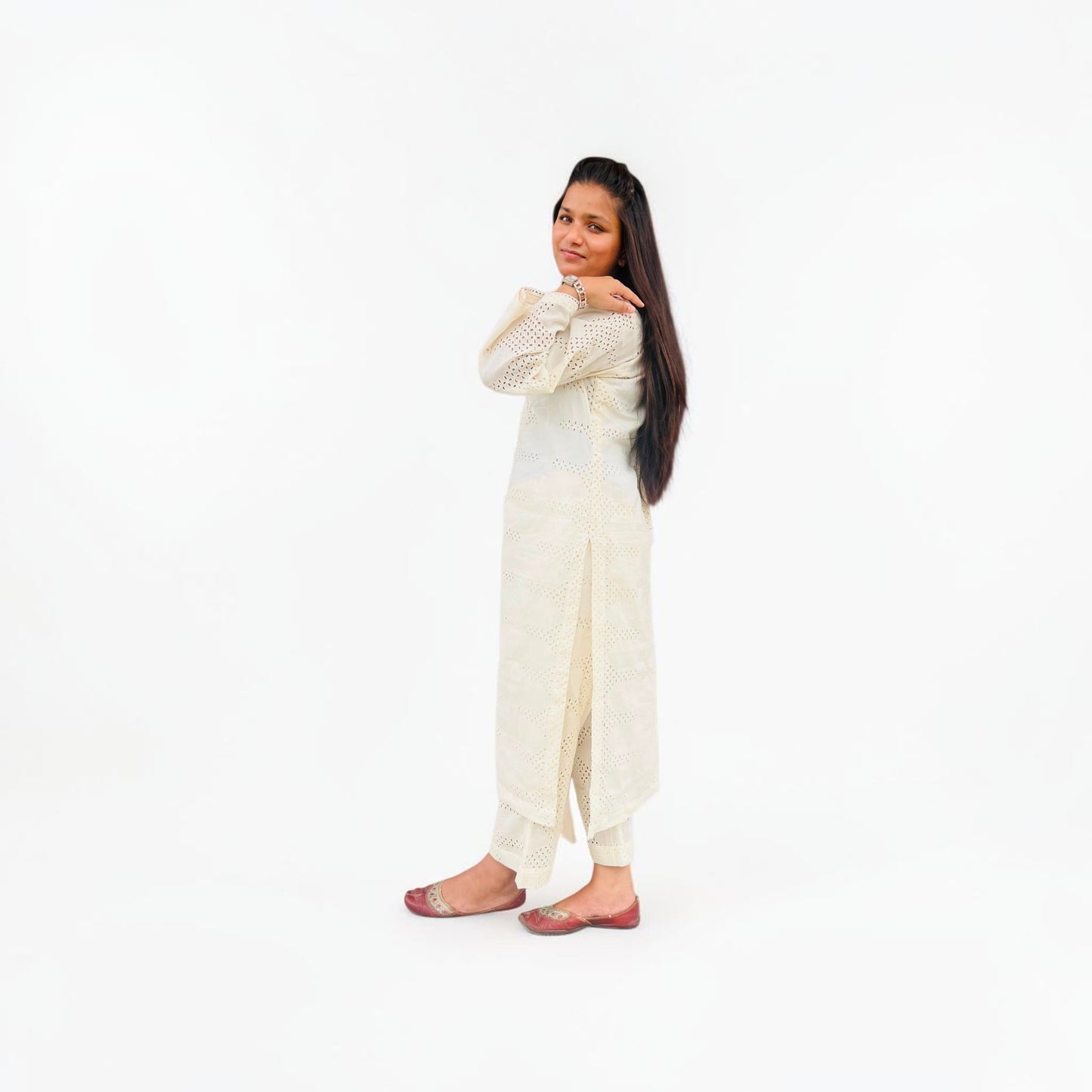 Elegant Off-White Pure Cotton Hakoba Co-ord Set