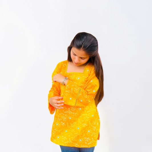 Vibrant Yellow Bandhani Printed Cotton Short Kurti