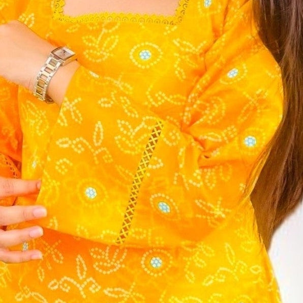 Vibrant Yellow Bandhani Printed Cotton Short Kurti