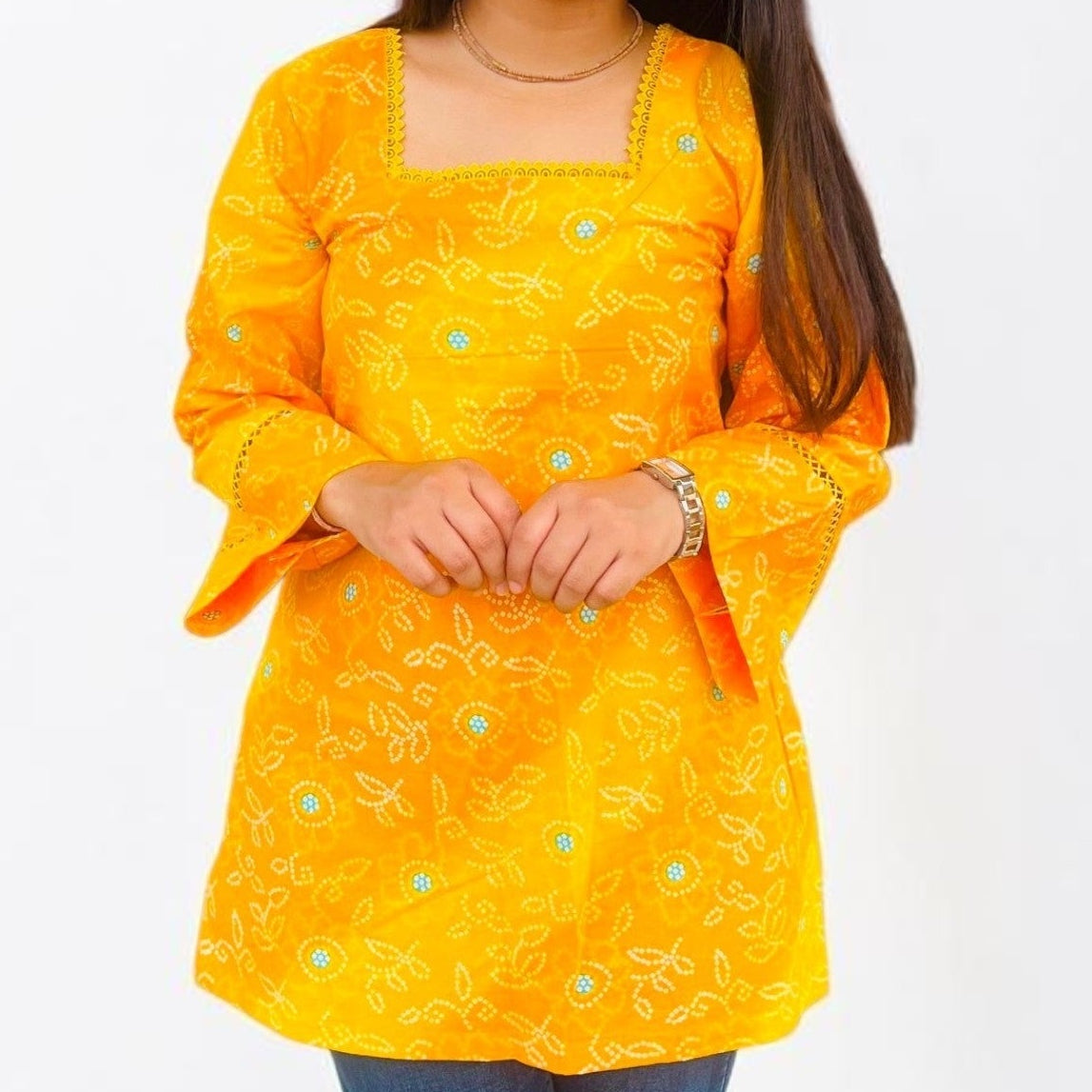 Vibrant Yellow Bandhani Printed Cotton Short Kurti