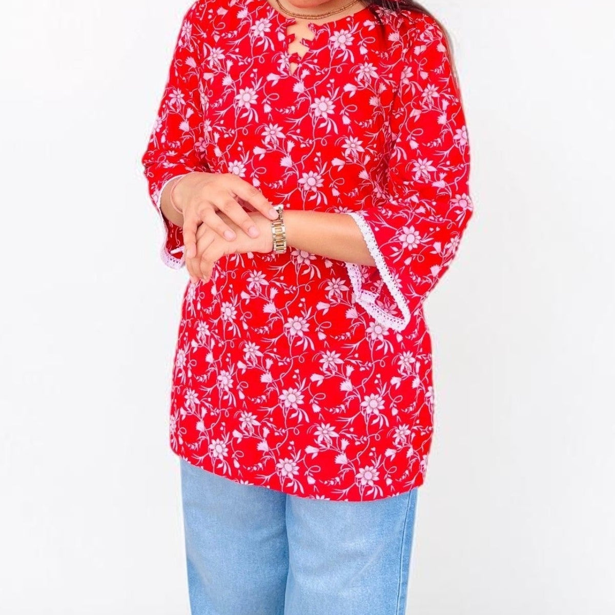Floral Print Pure Cotton Tie-Back Short Kurti