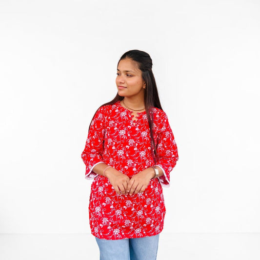 Floral Print Pure Cotton Tie-Back Short Kurti