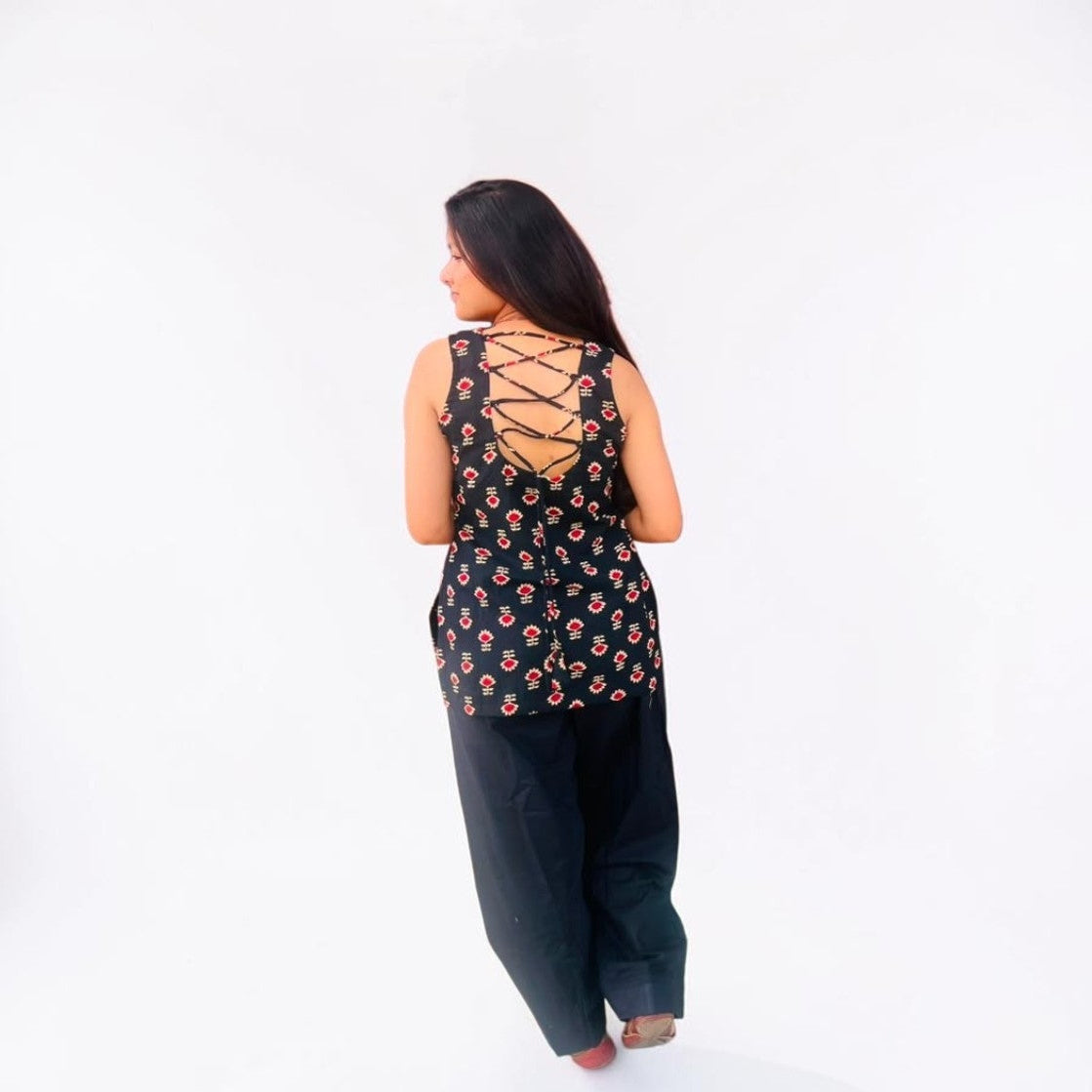 Classic Black Printed Short Tunic & Wide-Leg Farshi Salwar Co-ord Set
