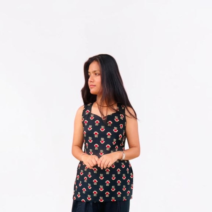 Classic Black Printed Short Tunic & Wide-Leg Farshi Salwar Co-ord Set