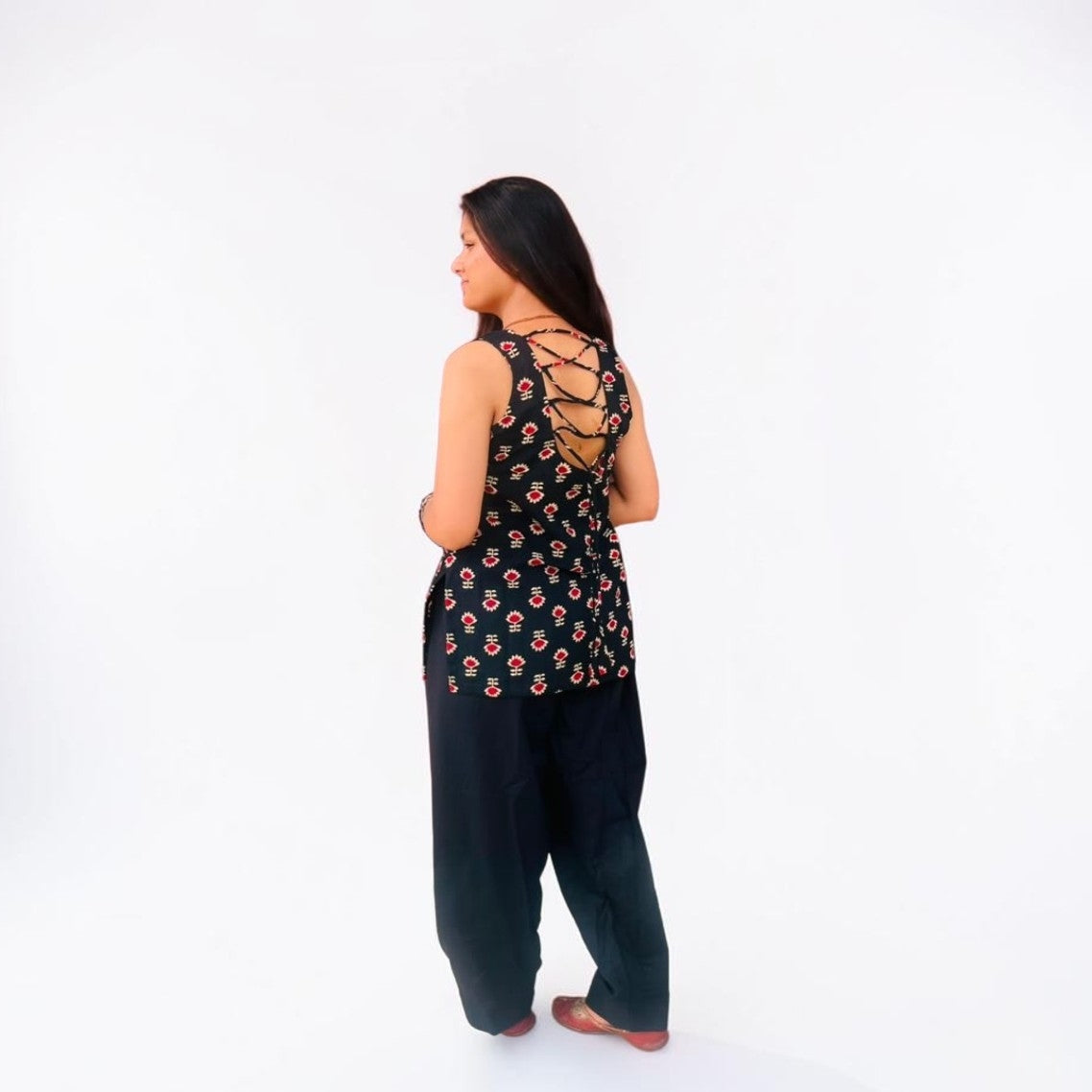 Classic Black Printed Short Tunic & Wide-Leg Farshi Salwar Co-ord Set