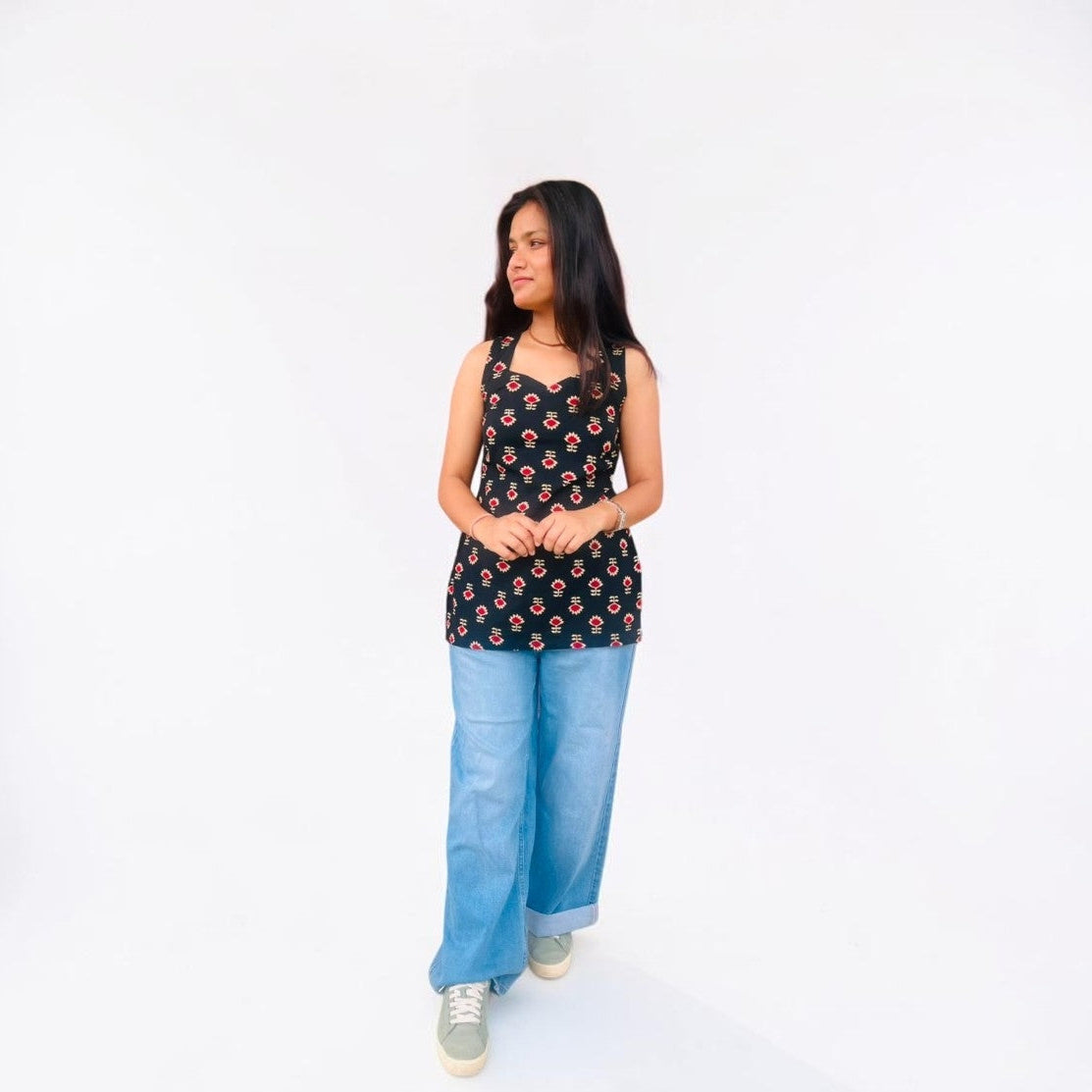 Black & Red Floral Sleeveless Short Kurti