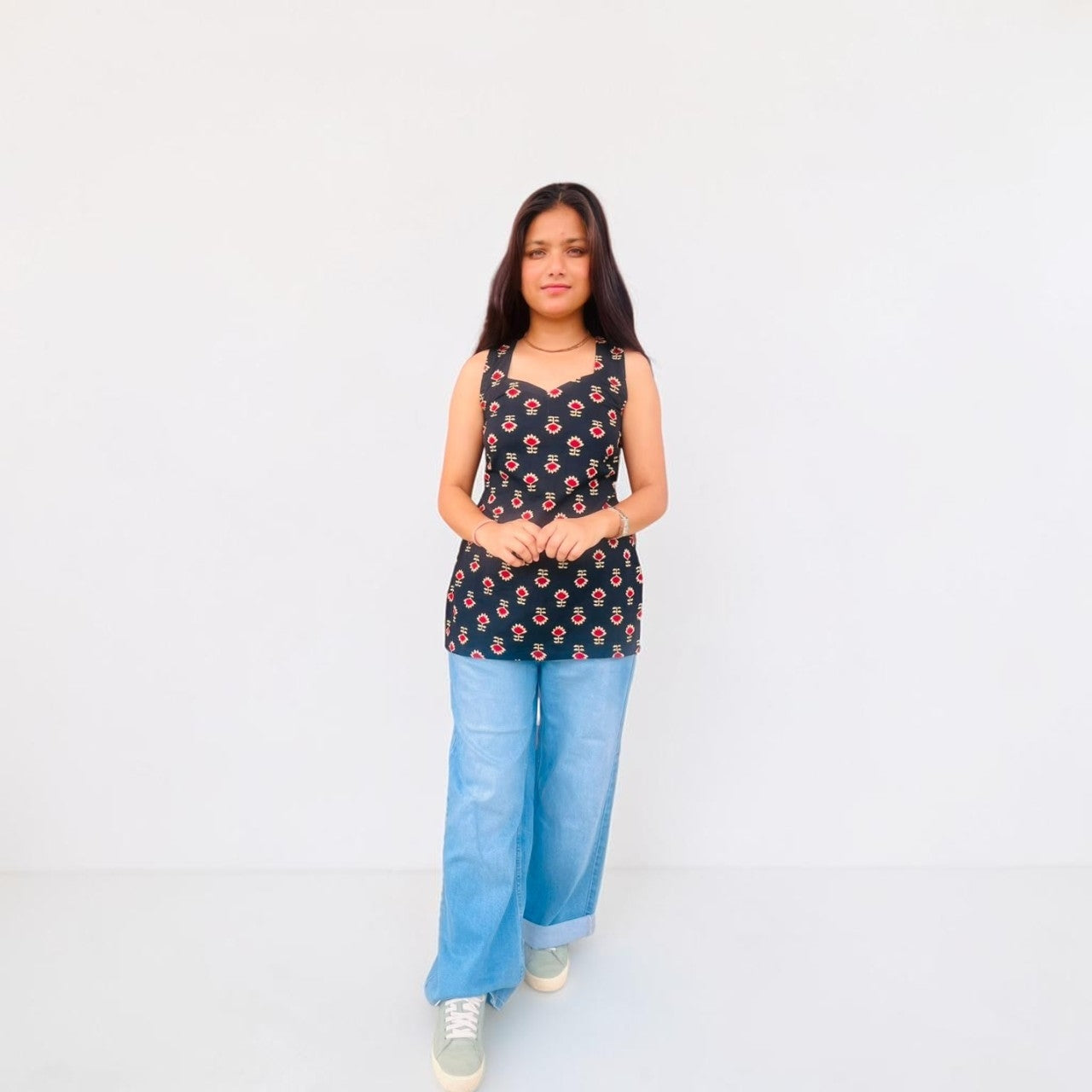 Black & Red Floral Sleeveless Short Kurti
