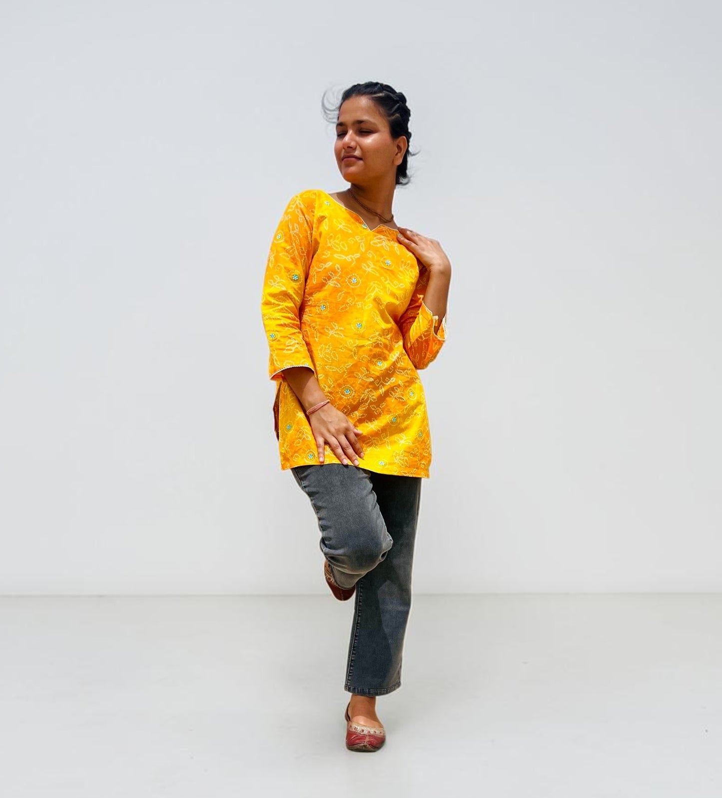 Sunshine Yellow Bandhani Print Cotton Short Kurti