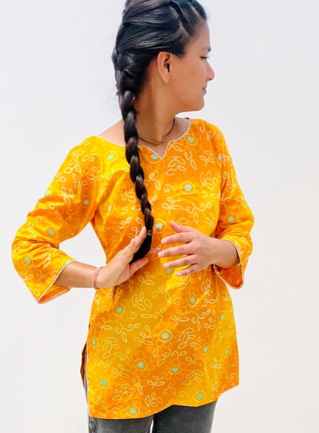 Sunshine Yellow Bandhani Print Cotton Short Kurti