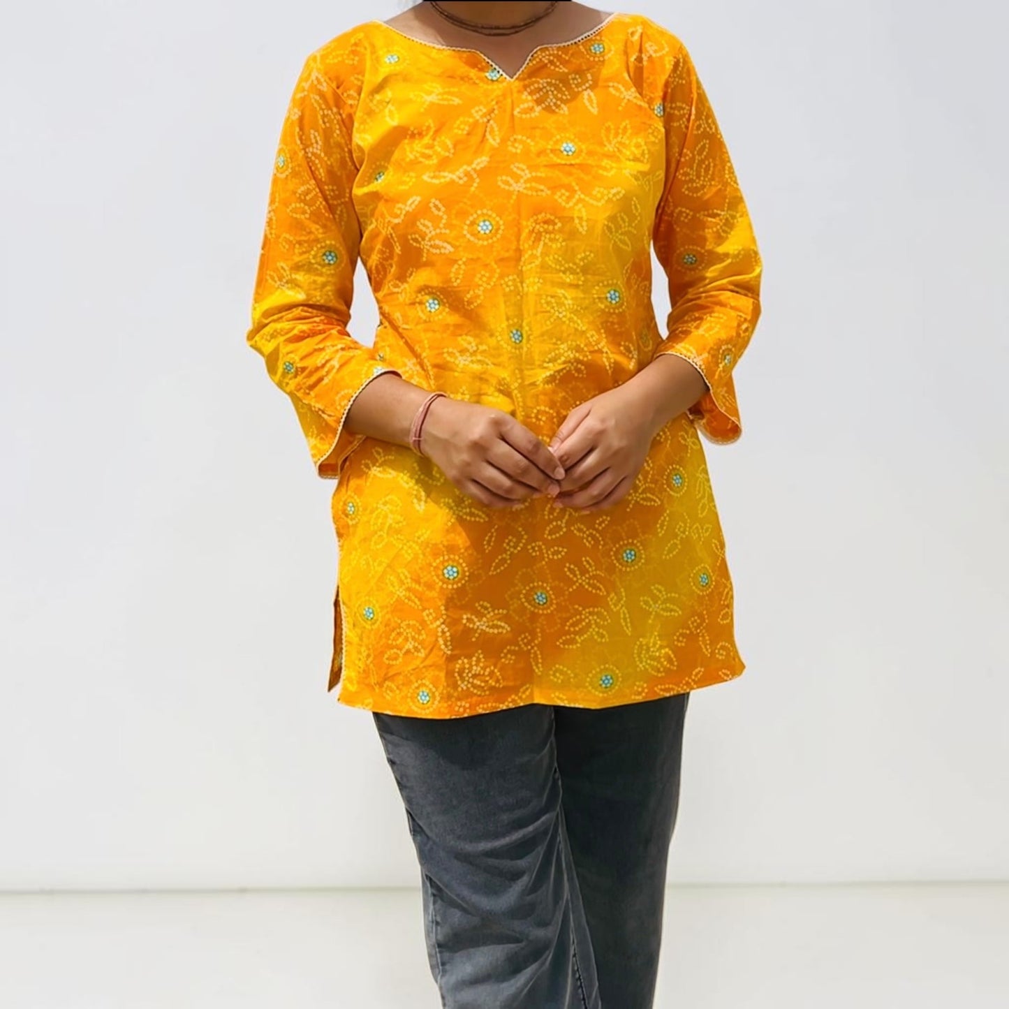 Sunshine Yellow Bandhani Print Cotton Short Kurti