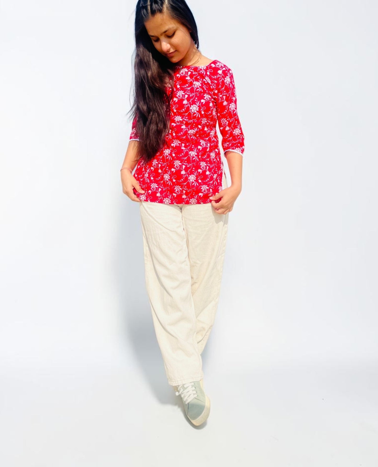 Uttra Crimson Floral Pure Cotton Short Kurti