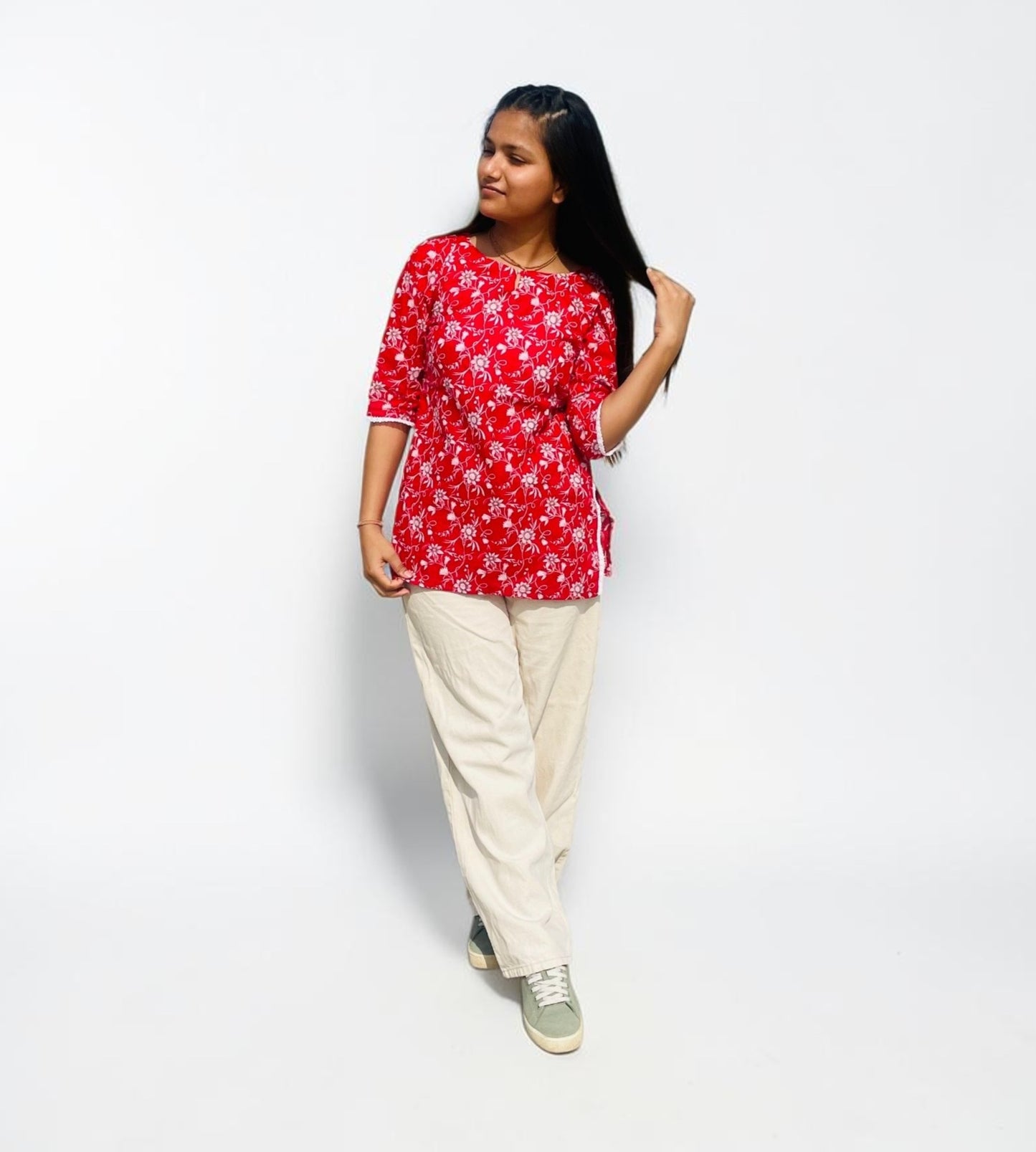 Uttra Crimson Floral Pure Cotton Short Kurti