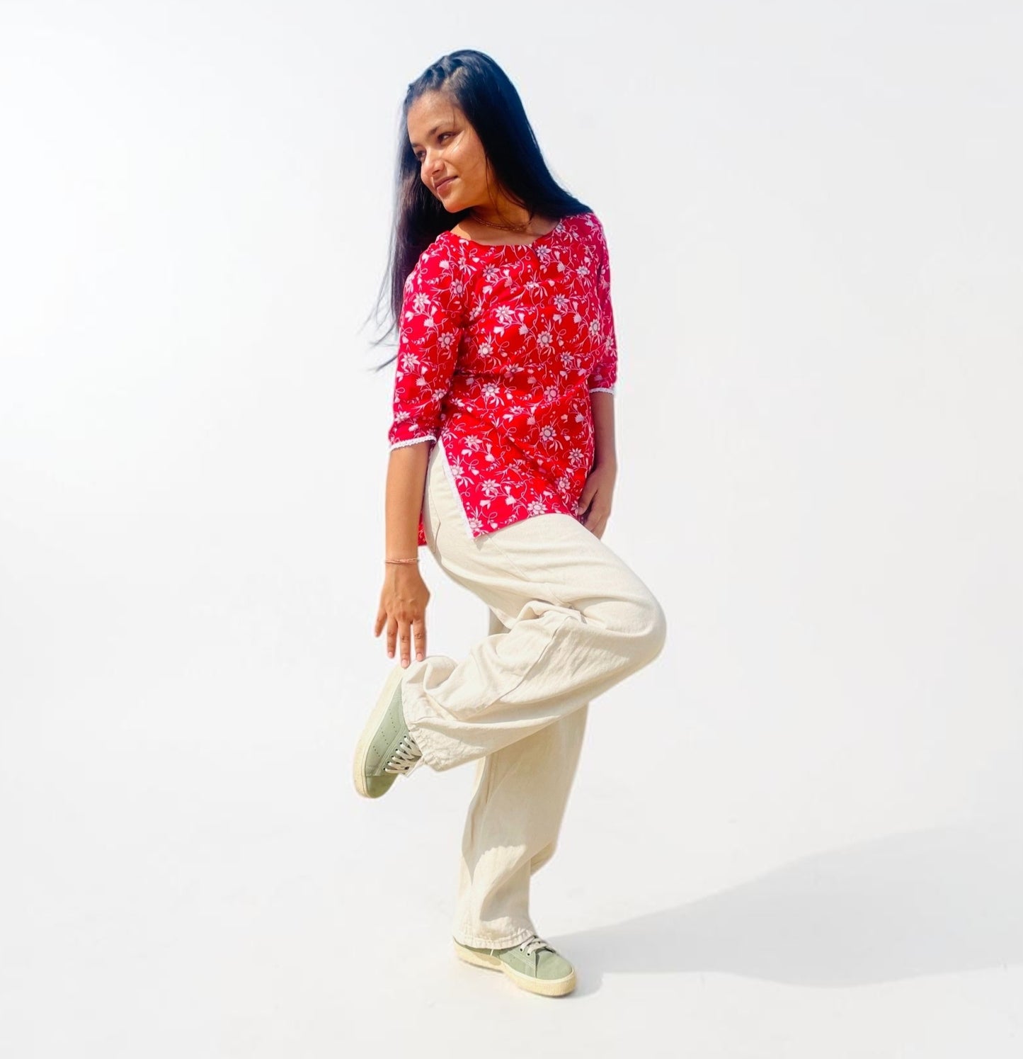 Uttra Crimson Floral Pure Cotton Short Kurti