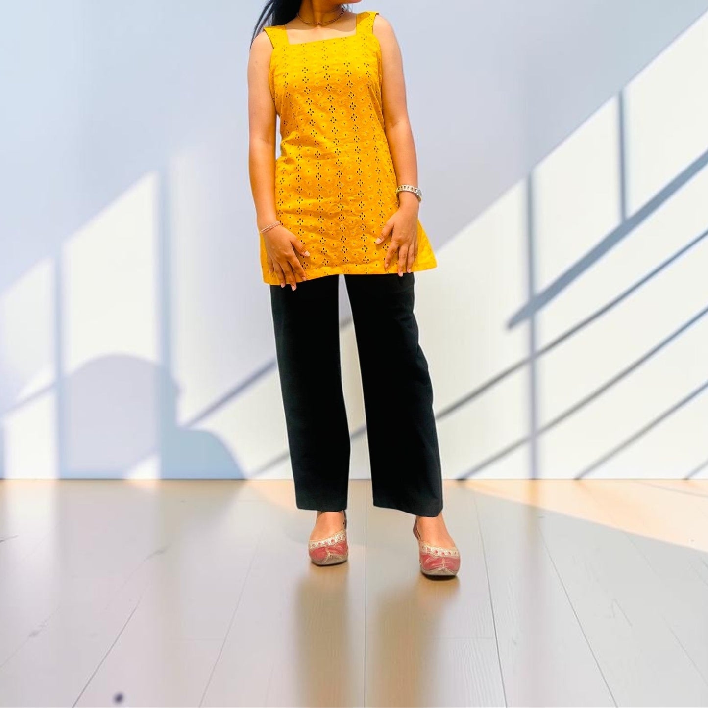 Mustard Yellow Hakoba Cotton Sleeveless Short Kurti