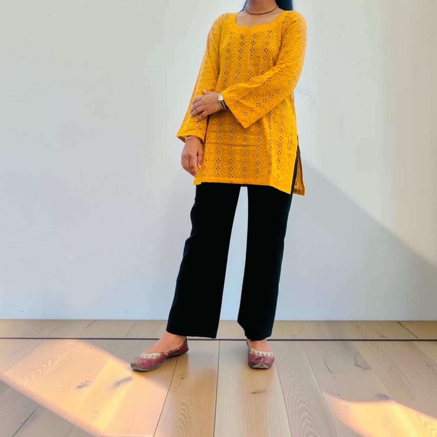 Vibrant Mustard Yellow Hakoba Short Kurti - Pure Cotton Elegance