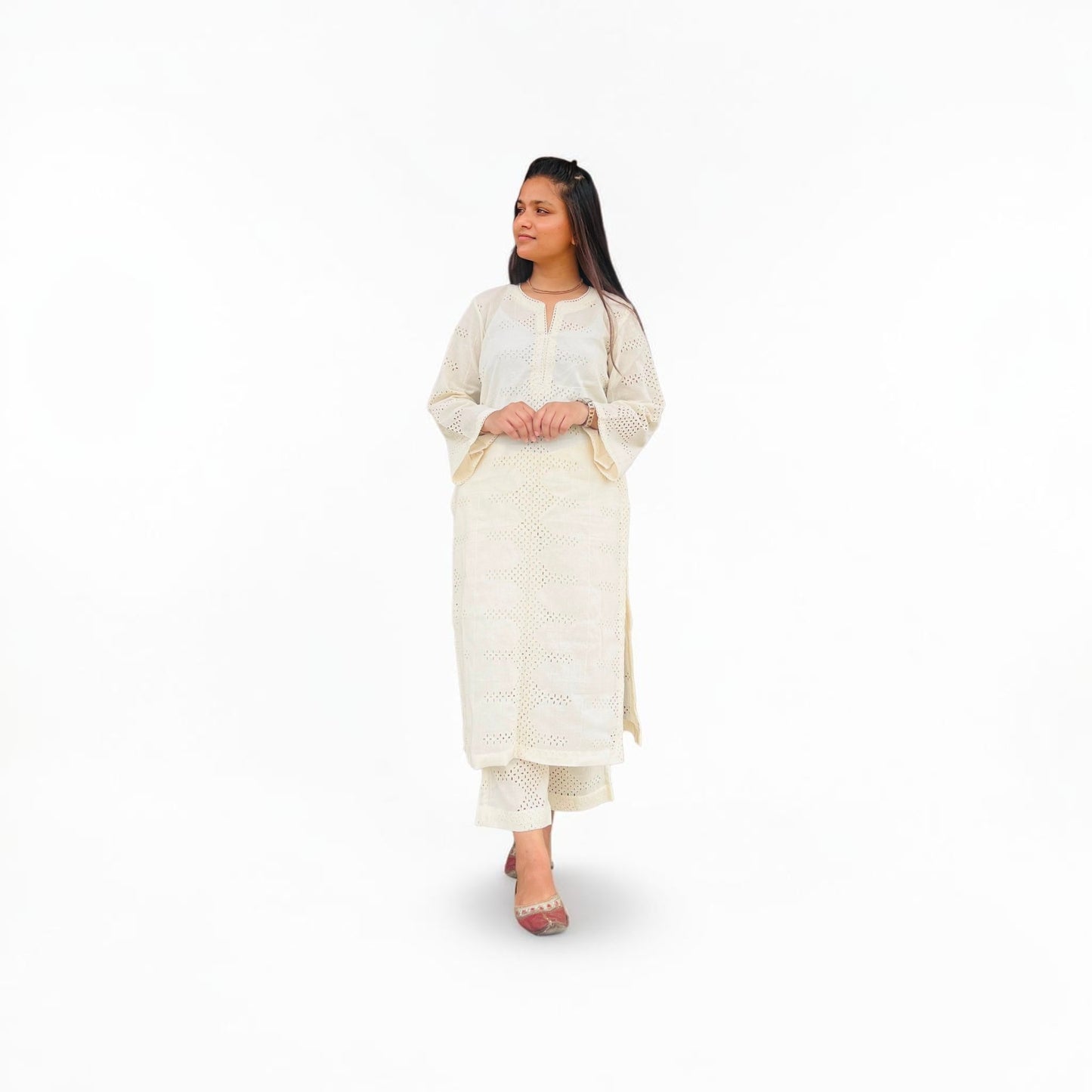 Elegant Off-White Pure Cotton Hakoba Co-ord Set