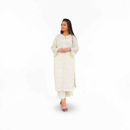 Elegant Off-White Pure Cotton Hakoba Co-ord Set