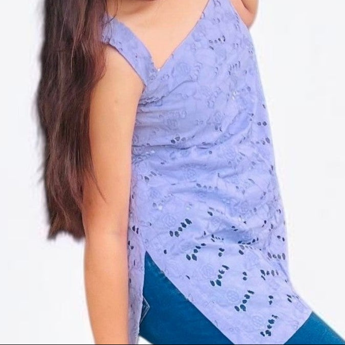 Lavender Hakoba Cotton Sleeveless Short Kurti