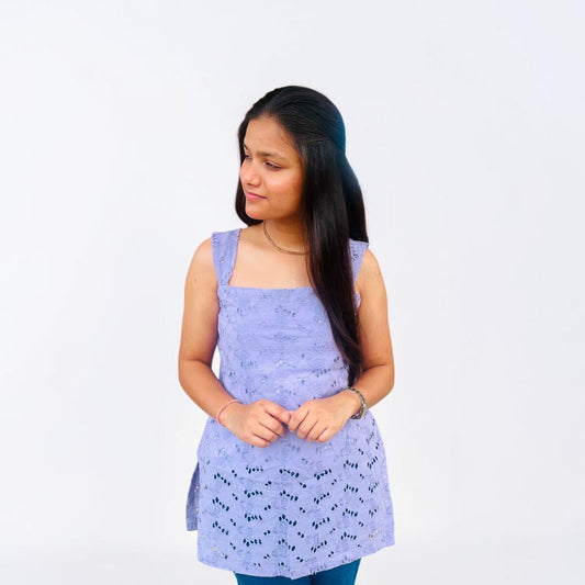 Lavender Hakoba Cotton Sleeveless Short Kurti