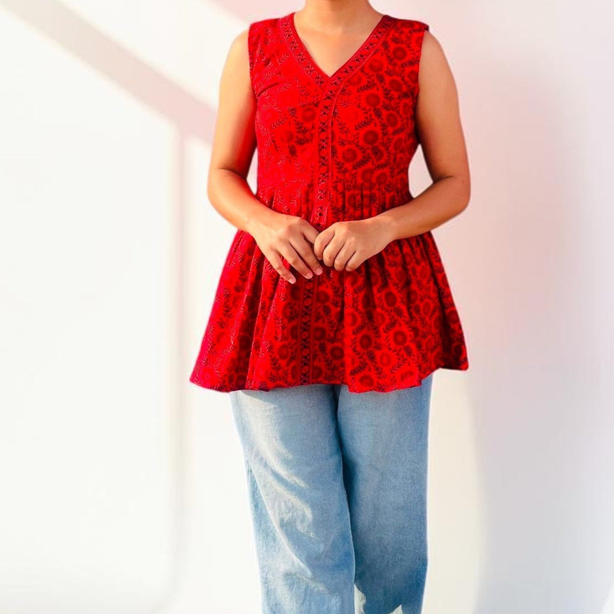 Crimson Red Floral Peplum Short Kurti