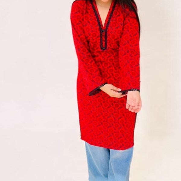 Crimson Bloom Cotton Long Kurti