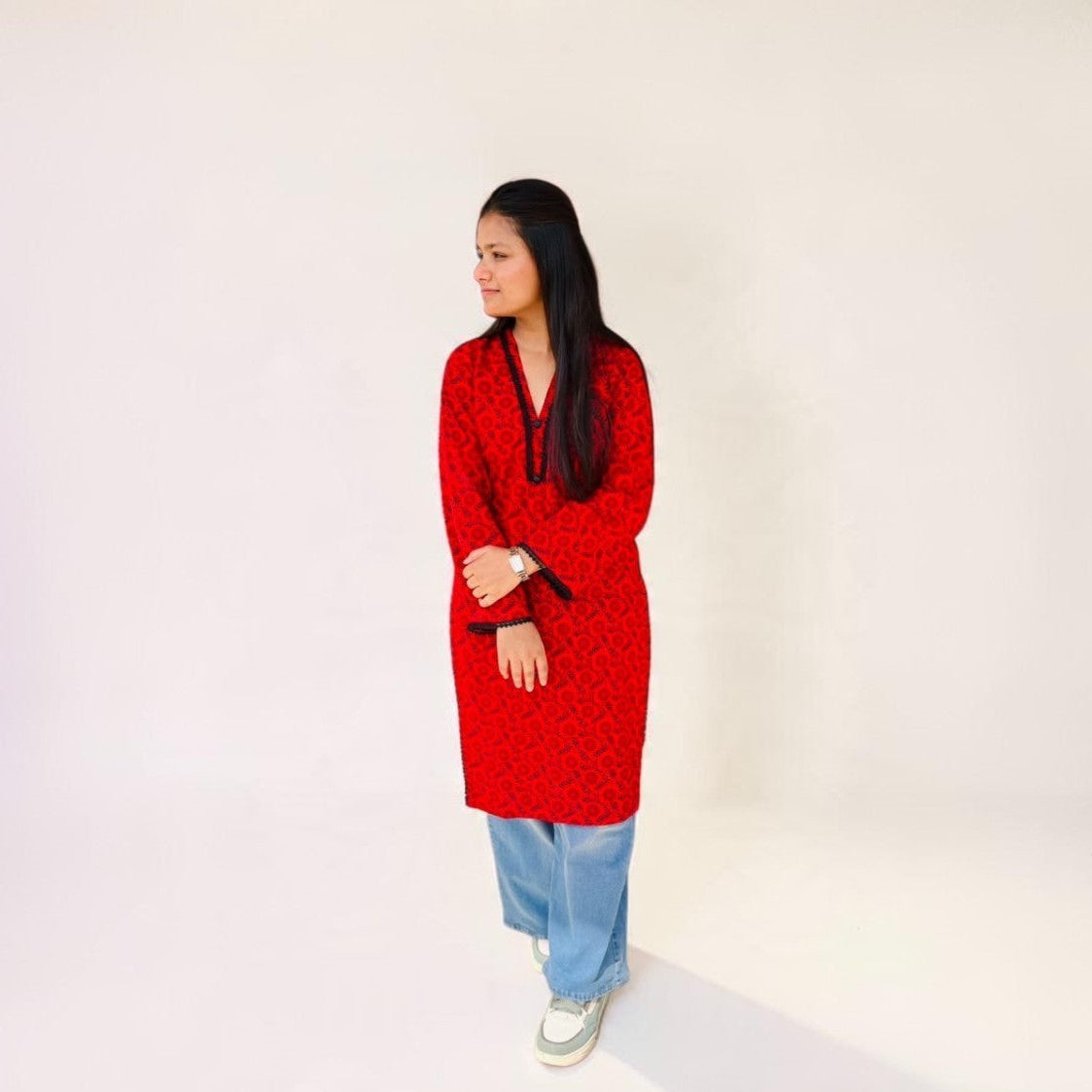 Crimson Bloom Cotton Long Kurti