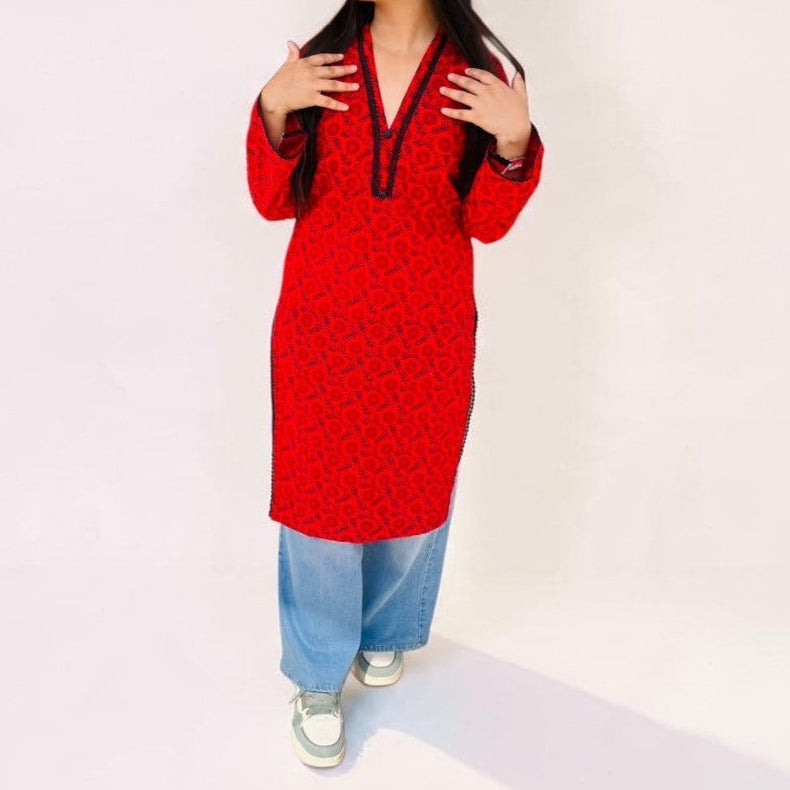 Crimson Bloom Cotton Long Kurti