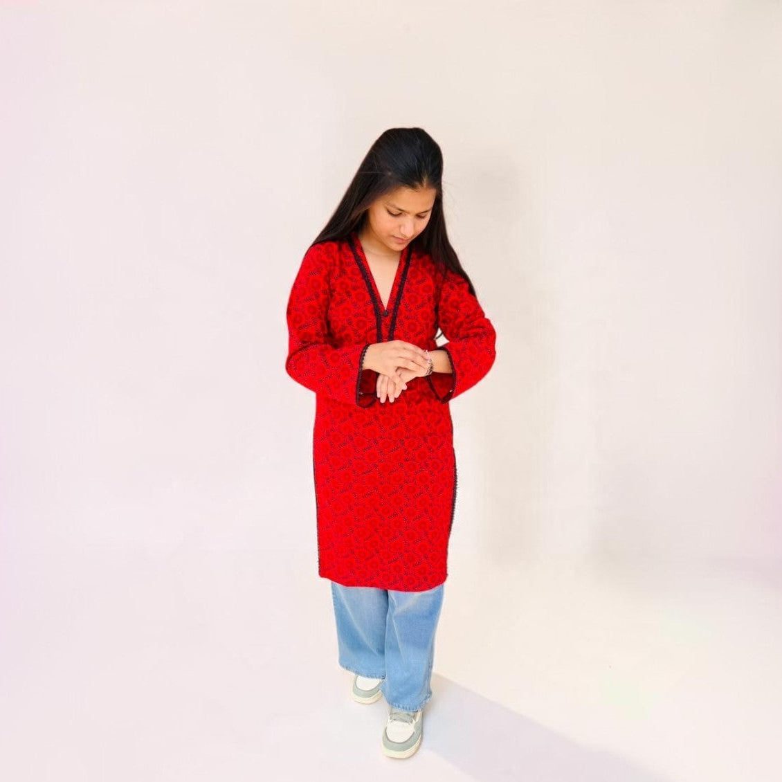 Crimson Bloom Cotton Long Kurti