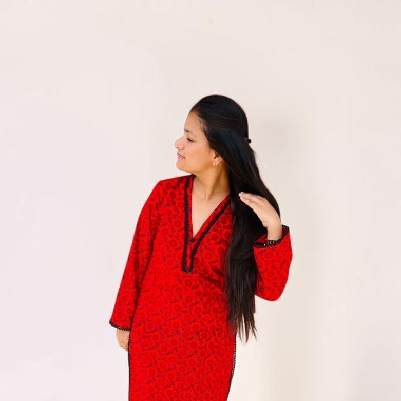 Crimson Bloom Cotton Long Kurti