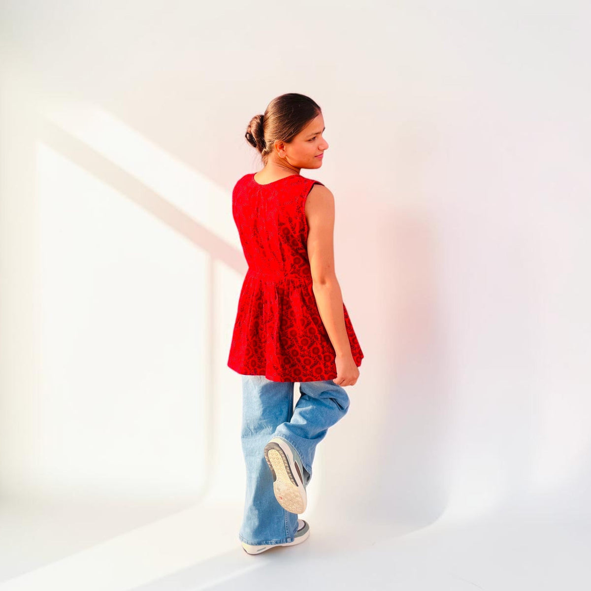 Crimson Red Floral Peplum Short Kurti