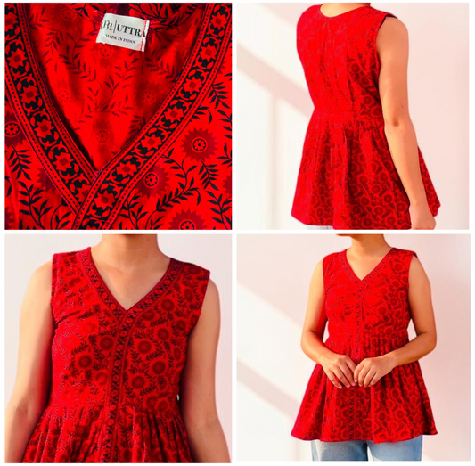 Crimson Red Floral Peplum Short Kurti