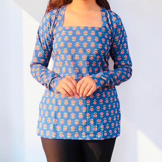 Indigo Blue Dori-Back Cotton Short Kurti