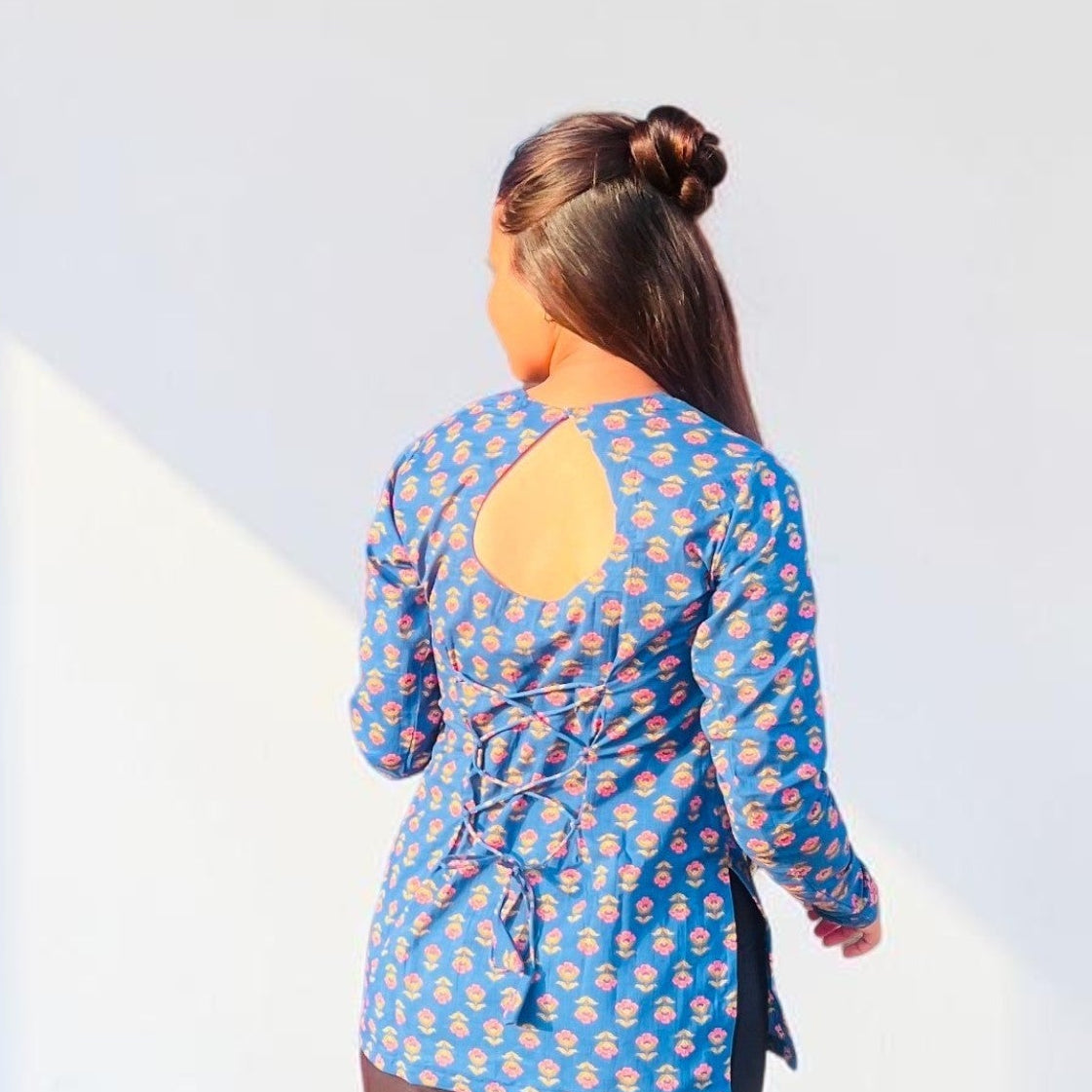 Indigo Blue Dori-Back Cotton Short Kurti