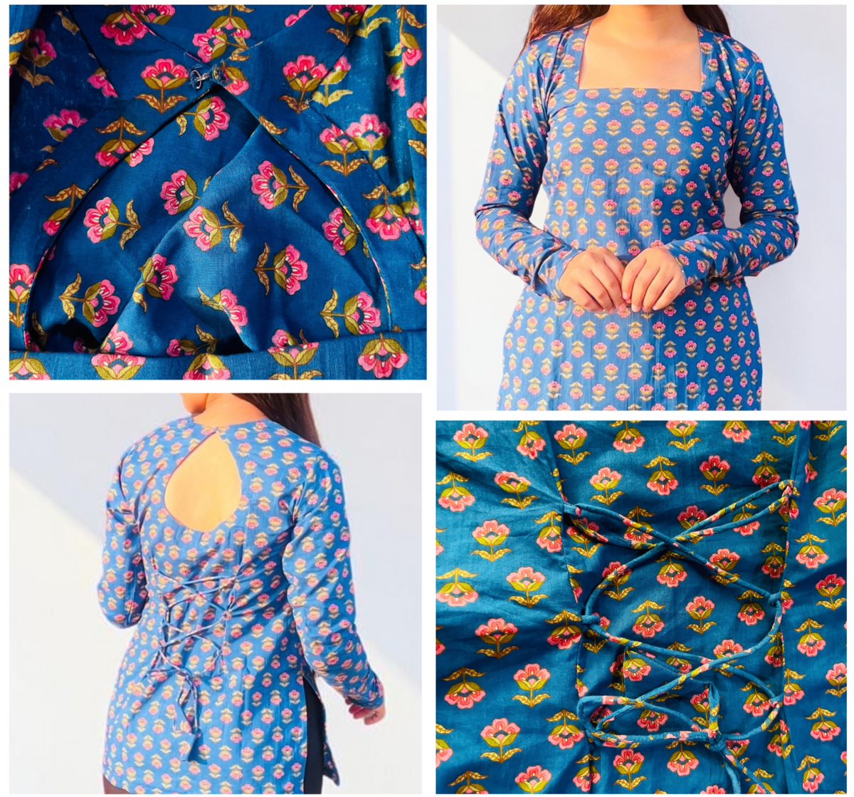 Indigo Blue Dori-Back Cotton Short Kurti