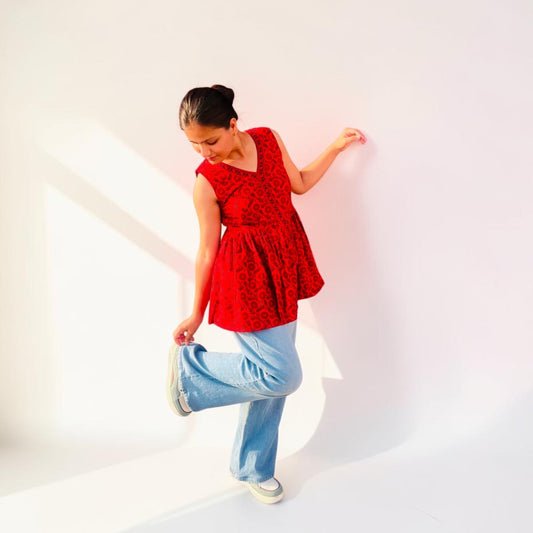 Crimson Red Floral Peplum Short Kurti