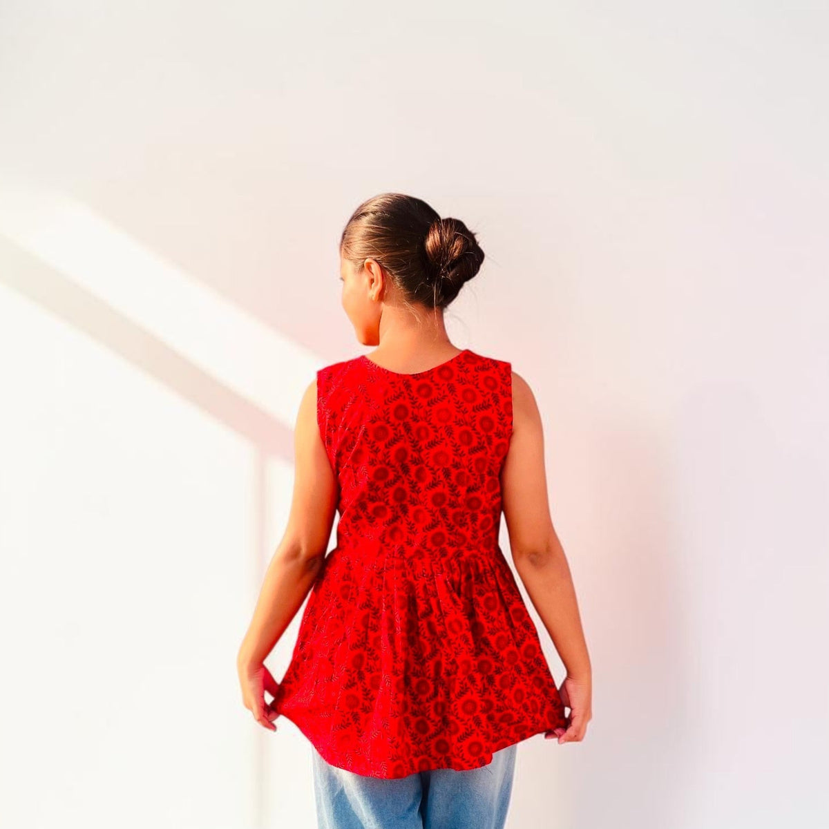 Crimson Red Floral Peplum Short Kurti