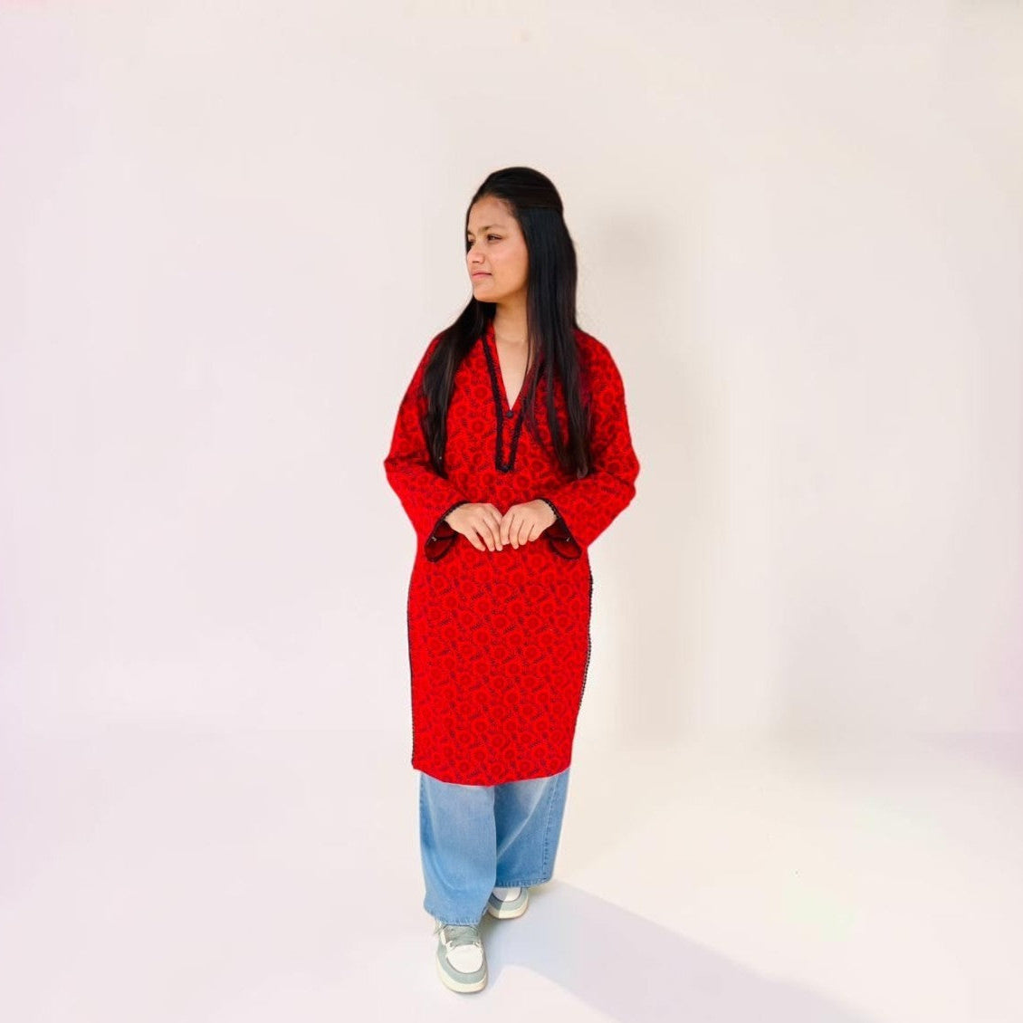 Crimson Bloom Cotton Long Kurti